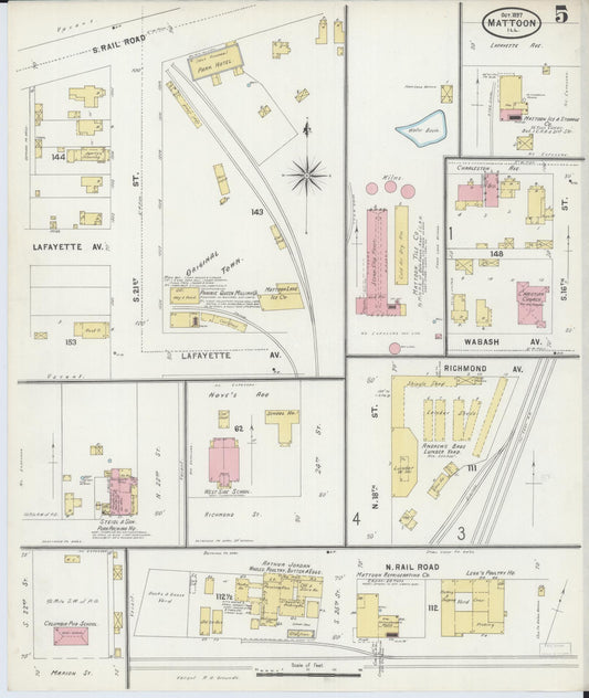 Sanborn Fire Insurance Map from Mattoon, Coles County, Illinois (1897), Sheet #0005 - Historic Sanborn Fire Insurance Map Print, vintage old map wall art, antique decor, genealogy gift, Illinois Illinois map