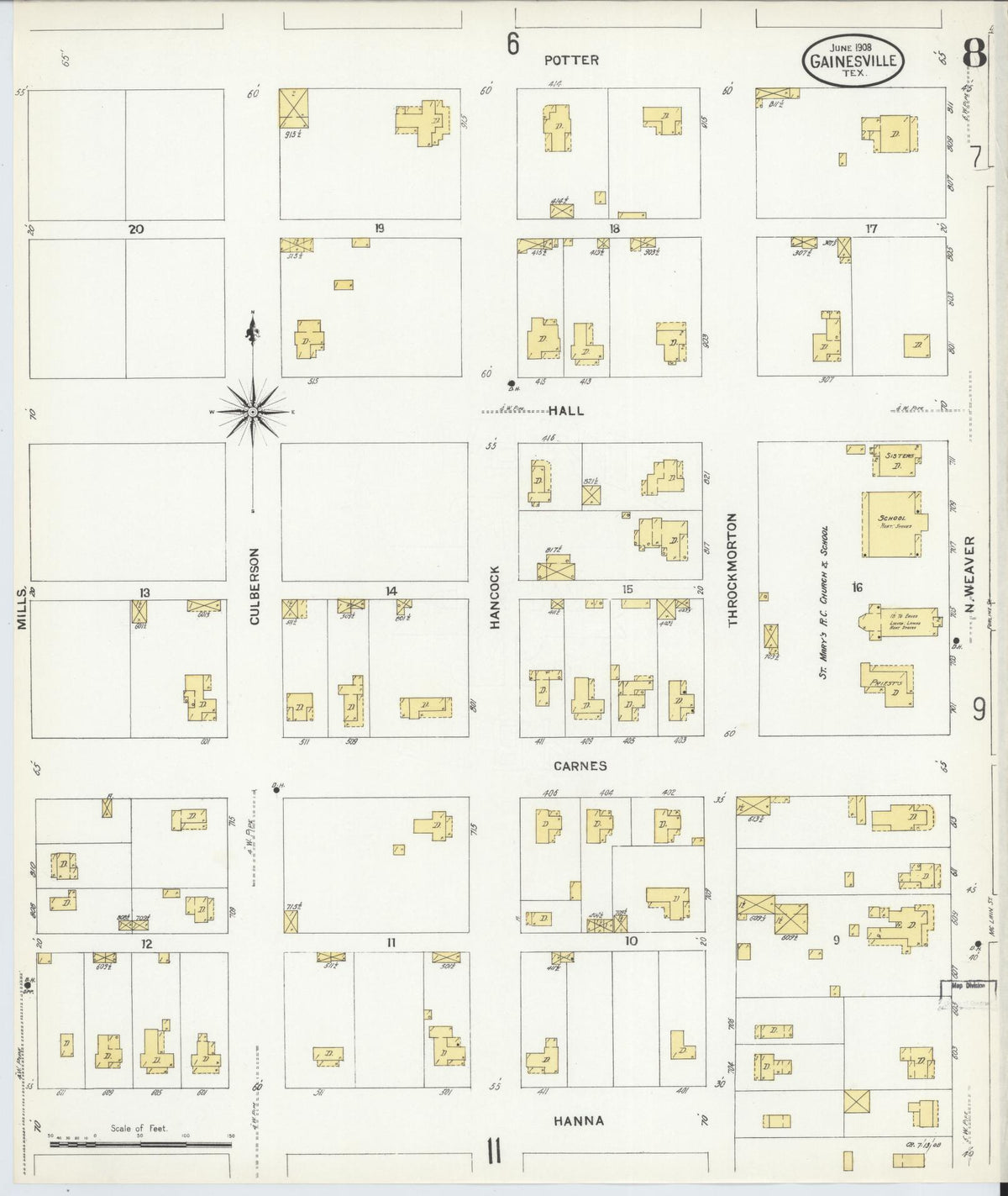 Sanborn Fire Insurance Map from Gainesville, Cooke County, Texas (1908), Sheet #0008 - Complete Map Set gallery image, historic Sanborn map, vintage wall art, Texas Texas