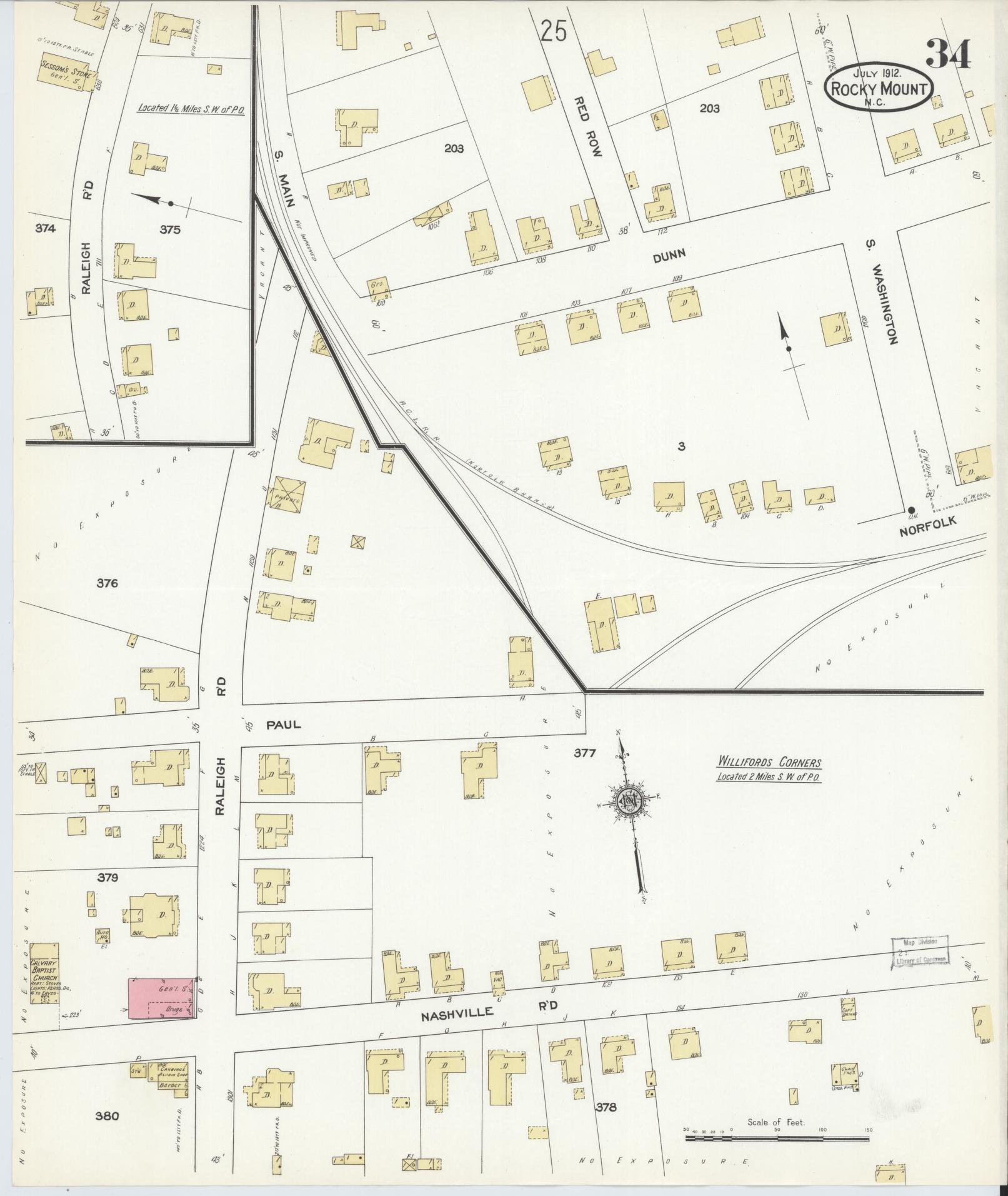 Sanborn Fire Insurance Map from Rocky Mount, Edgecombe And Nash Counties, North Carolina (1912), Sheet #0034 - Historic Sanborn Fire Insurance Map Print, vintage old map wall art, antique decor, genealogy gift, North Carolina North Carolina map