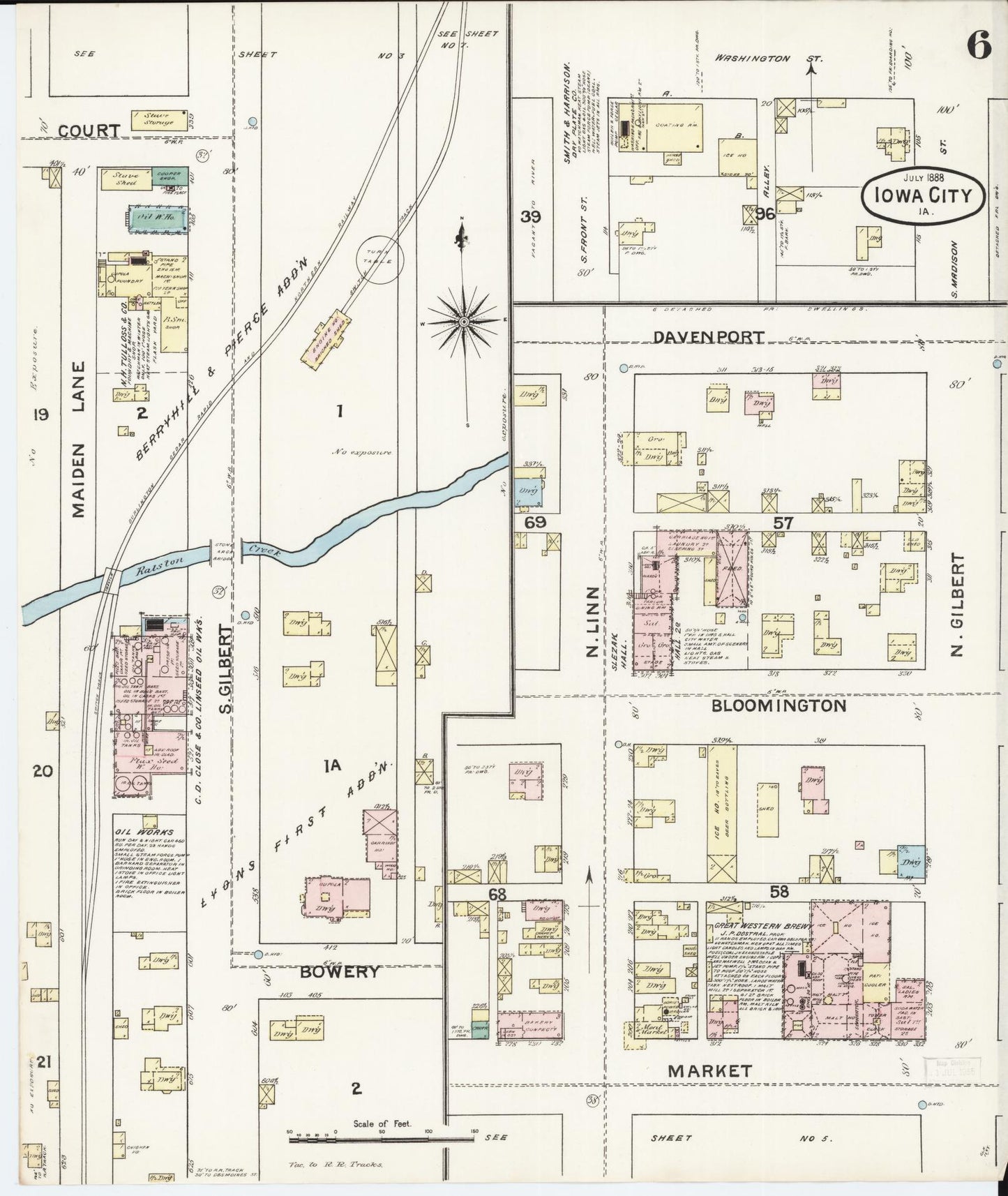 Sanborn Fire Insurance Map from Iowa City, Johnson County, Iowa (1888), Sheet #0006 - Historic Sanborn Fire Insurance Map Print, vintage old map wall art