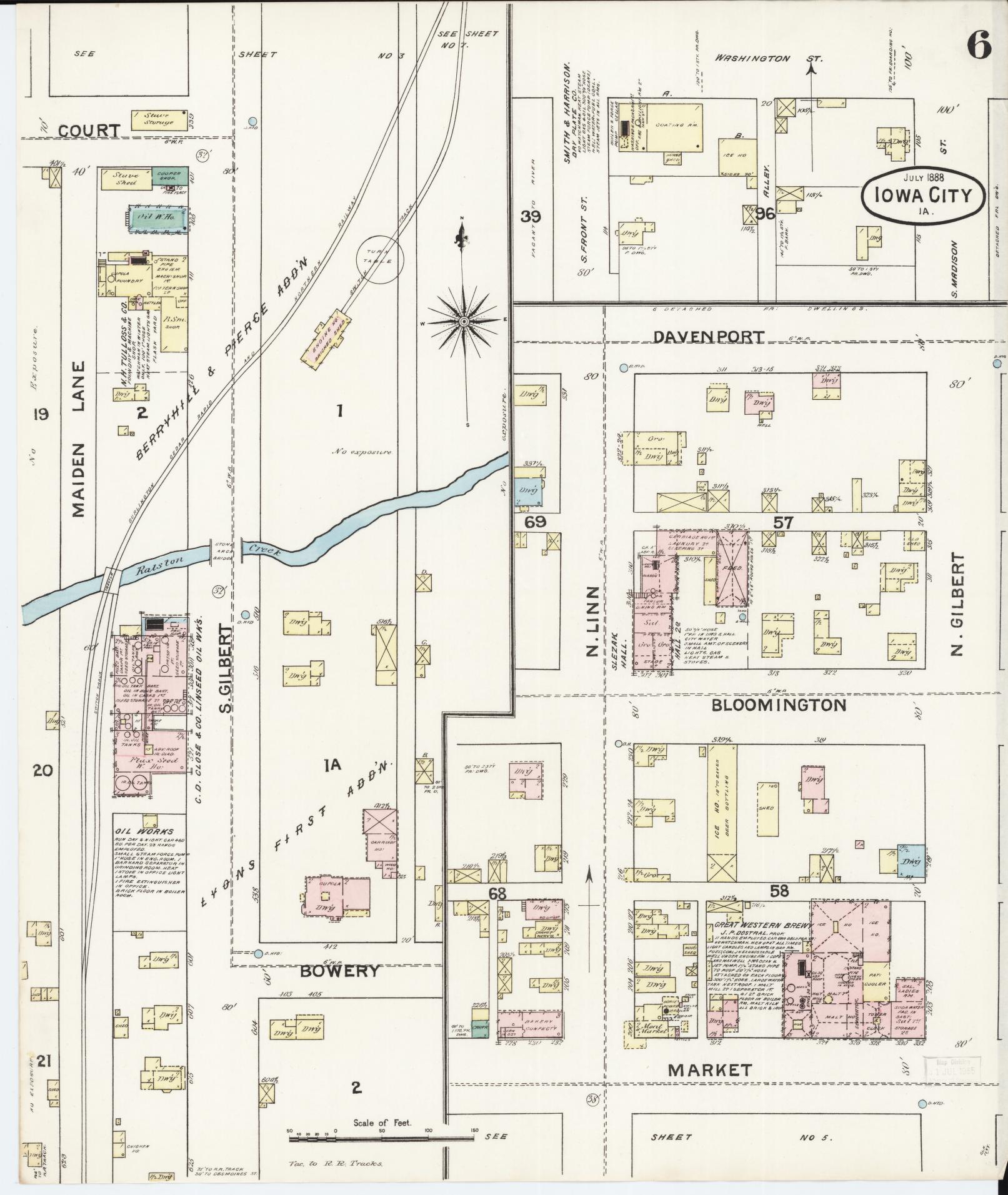 Sanborn Fire Insurance Map from Iowa City, Johnson County, Iowa (1888), Sheet #0006 - Historic Sanborn Fire Insurance Map Print, vintage old map wall art