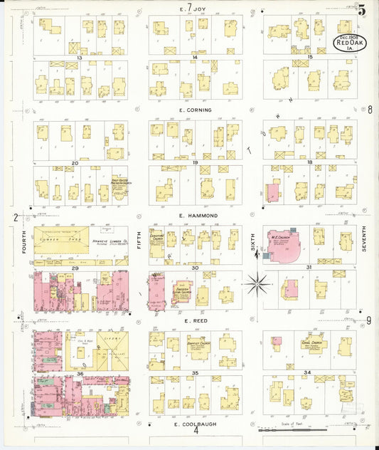 Sanborn Fire Insurance Map from Red Oak, Montgomery County, Iowa (1908), Sheet #0005 - Historic Sanborn Fire Insurance Map Print, vintage old map wall art