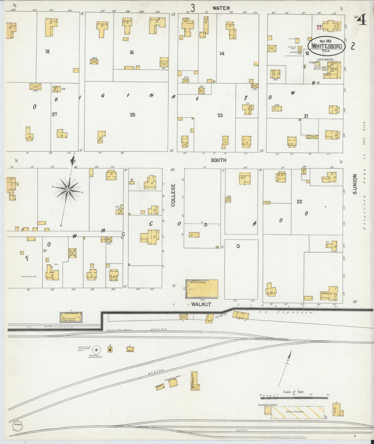 Sanborn Fire Insurance Map from Whitesboro, Grayson County, Texas (1901), Sheet #0004 - Historic Sanborn Fire Insurance Map Print, vintage old map wall art, antique decor, genealogy gift, Texas Texas map