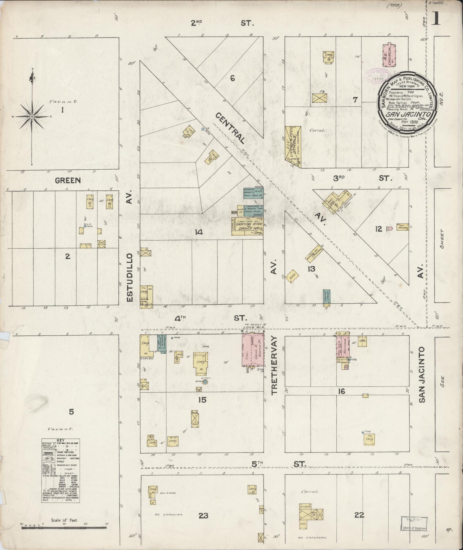 Sanborn Fire Insurance Map from San Jacinto, Riverside County, California (1888), Sheet #0001 - Complete Map Set gallery image, historic Sanborn map, vintage wall art, California California
