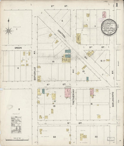 Sanborn Fire Insurance Map from San Jacinto, Riverside County, California (1888), Sheet #0001 - Complete Map Set gallery image, historic Sanborn map, vintage wall art, California California