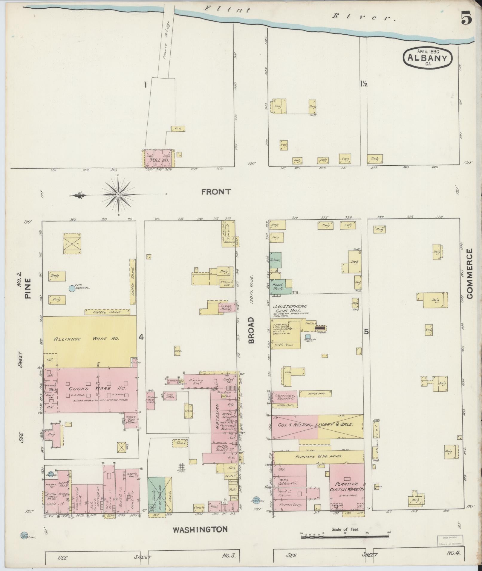 Sanborn Fire Insurance Map from Albany, Dougherty County, Georgia (1890), Sheet #0005 - Historic Sanborn Fire Insurance Map Print, vintage old map wall art, antique decor, genealogy gift, Georgia Georgia map