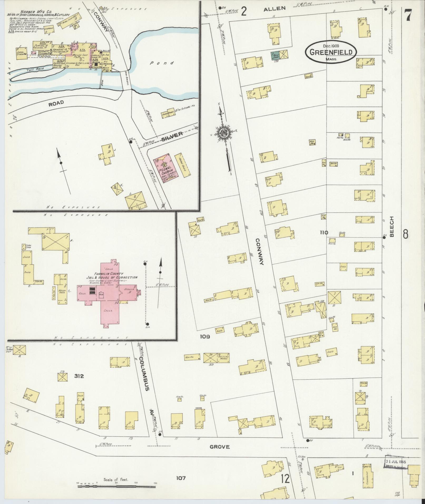 Sanborn Fire Insurance Map from Greenfield, Franklin County, Massachusetts (1909), Sheet #0007 - Complete Map Set gallery image, historic Sanborn map, vintage wall art, Massachusetts Massachusetts
