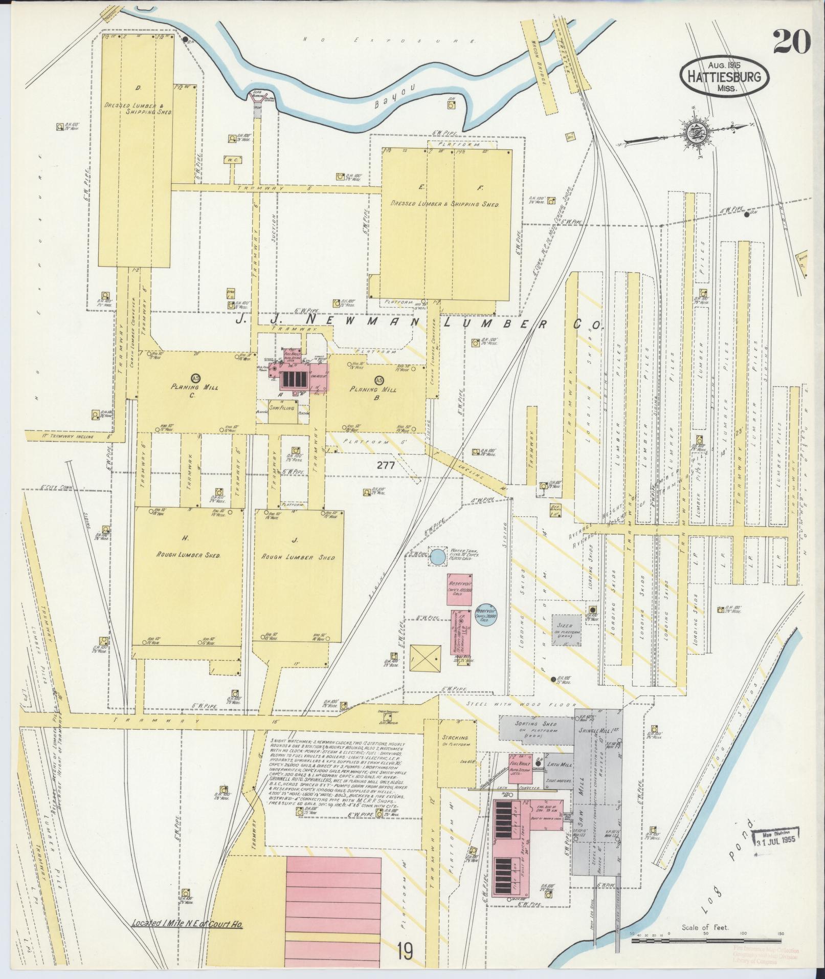 Sanborn Fire Insurance Map from Hattiesburg, Forrest County, Mississippi (1915), Sheet #0020 - Historic Sanborn Fire Insurance Map Print, vintage old map wall art, antique decor, genealogy gift, Mississippi Mississippi map