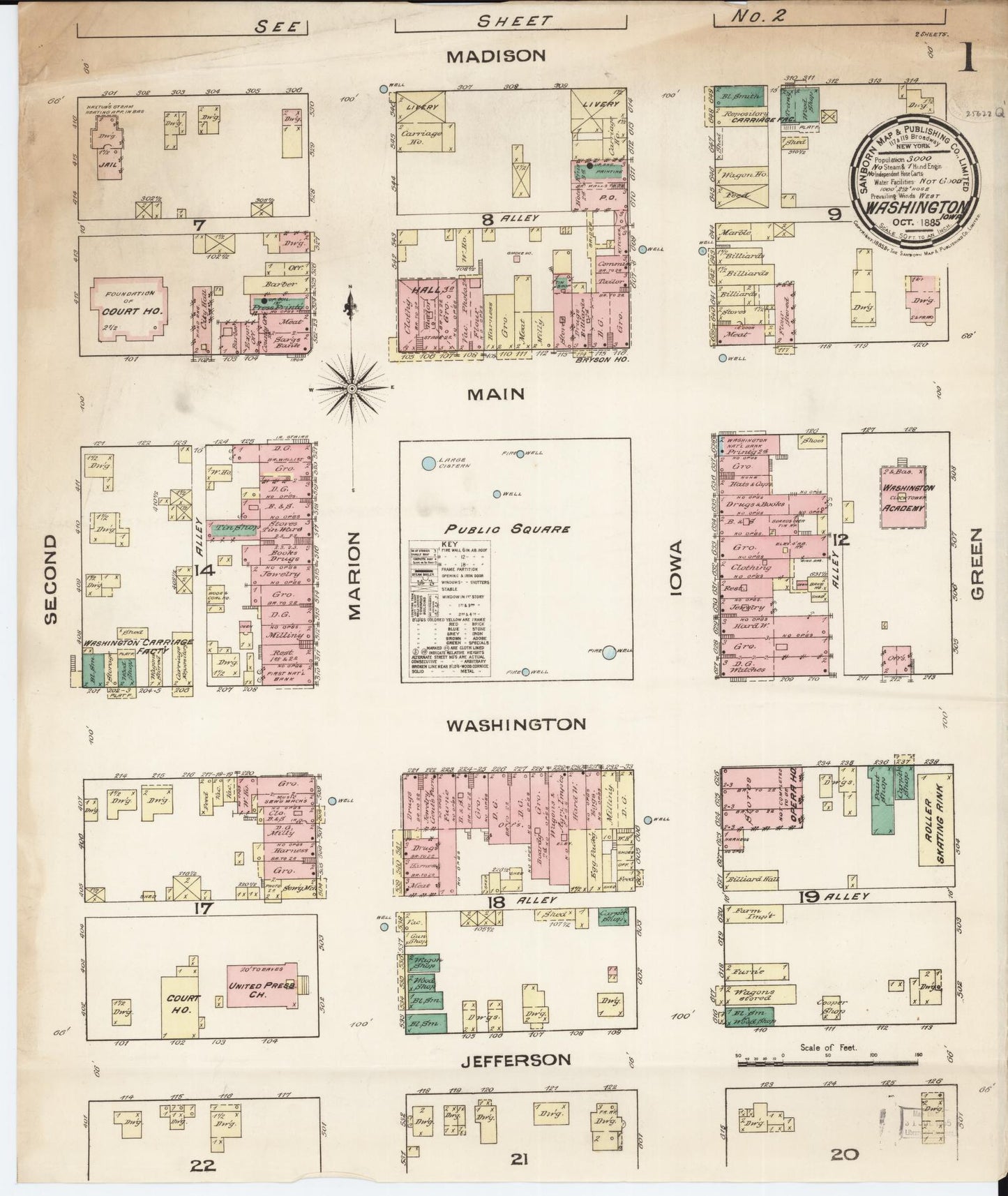 Sanborn Fire Insurance Map from Washington, Washington County, Iowa (1885), Sheet #0001 - Historic Sanborn Fire Insurance Map Print, vintage old map wall art