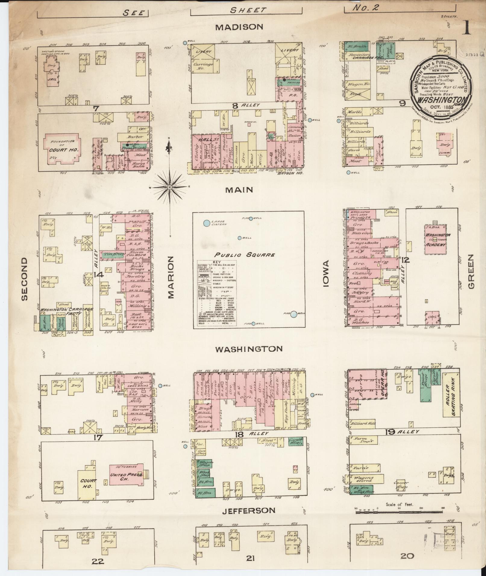 Sanborn Fire Insurance Map from Washington, Washington County, Iowa (1885), Sheet #0001 - Historic Sanborn Fire Insurance Map Print, vintage old map wall art