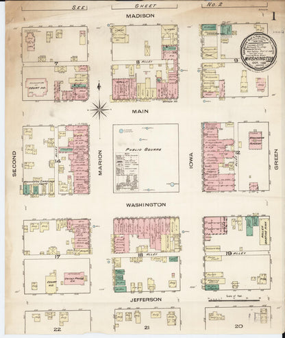 Sanborn Fire Insurance Map from Washington, Washington County, Iowa (1885), Sheet #0001 - Historic Sanborn Fire Insurance Map Print, vintage old map wall art
