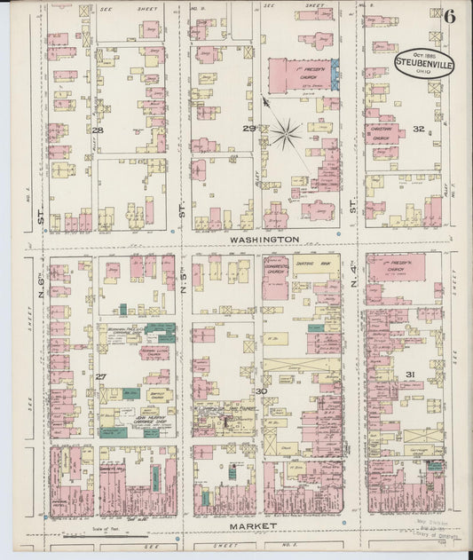 Sanborn Fire Insurance Map from Steubenville, Jefferson County, Ohio (1885), Sheet #0006 - Historic Sanborn Fire Insurance Map Print, vintage old map wall art, antique decor, genealogy gift, Ohio Ohio map