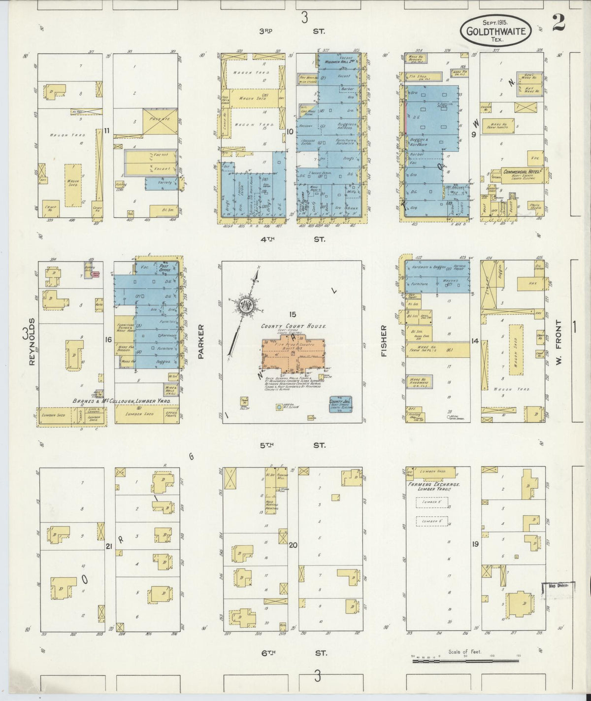Sanborn Fire Insurance Map from Goldthwaite, Mills County, Texas (1915), Sheet #0002 - Complete Map Set gallery image, historic Sanborn map, vintage wall art, Texas Texas