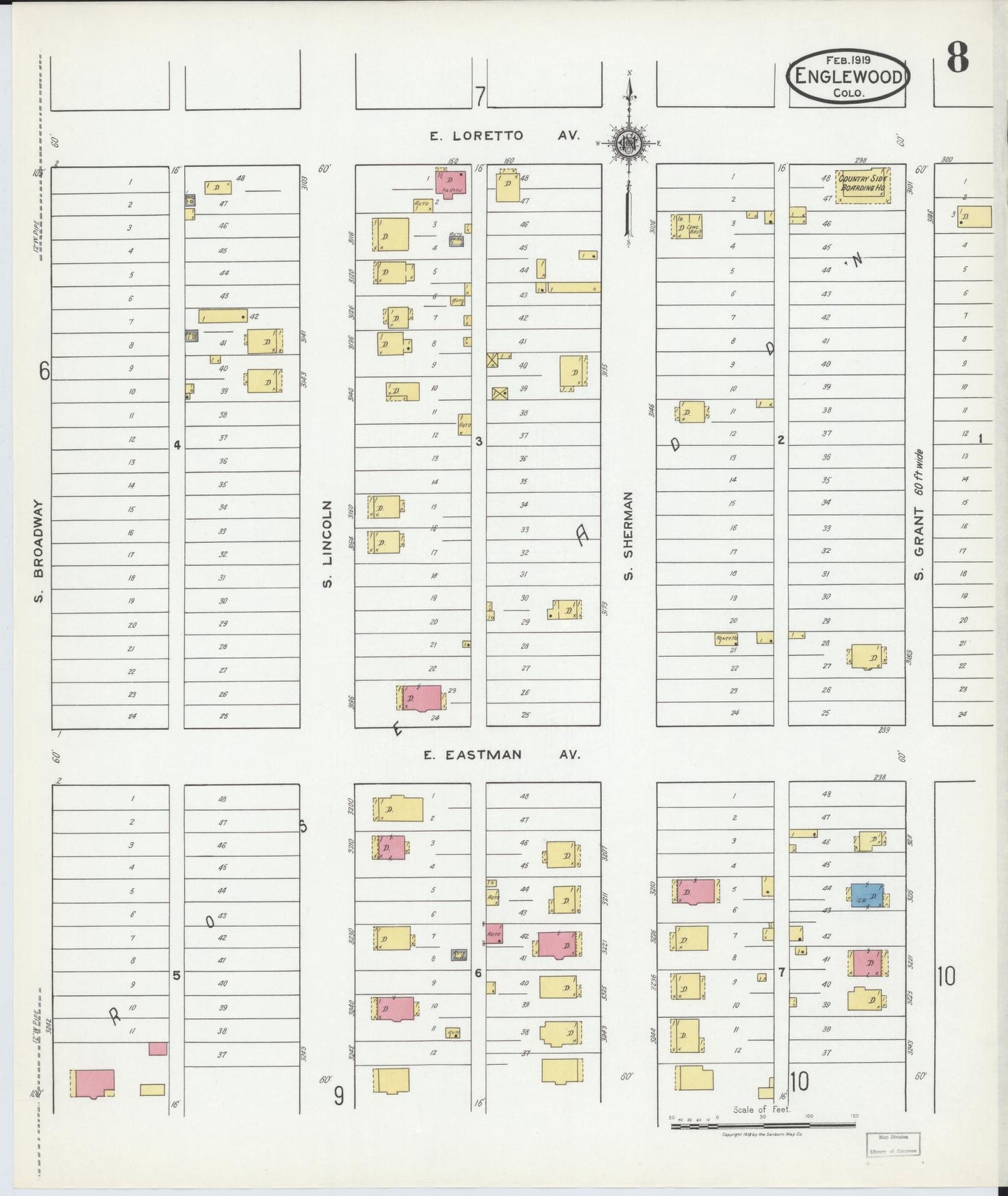 Sanborn Fire Insurance Map from Englewood, Arapahoe County, Colorado (1919), Sheet #0008 - Historic Sanborn Fire Insurance Map Print, vintage old map wall art, antique decor, genealogy gift, Colorado Colorado map