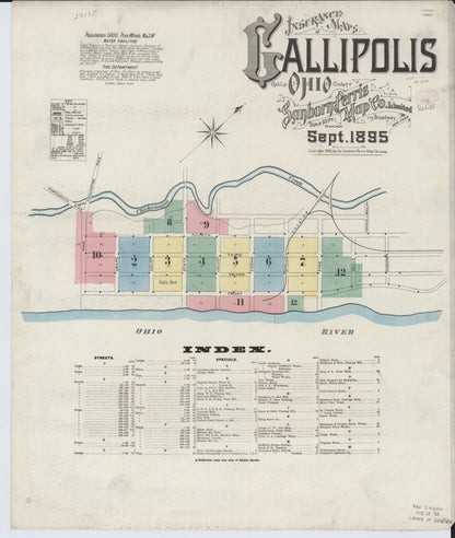 Sanborn Fire Insurance Map from Gallipolis, Gallia County, Ohio (1895), Sheet #0001 - Historic Sanborn Fire Insurance Map Print, vintage old map wall art, antique decor, genealogy gift, Ohio Ohio map
