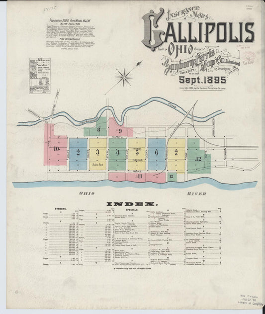 Sanborn Fire Insurance Map from Gallipolis, Gallia County, Ohio (1895), Sheet #0001 - Historic Sanborn Fire Insurance Map Print, vintage old map wall art, antique decor, genealogy gift, Ohio Ohio map