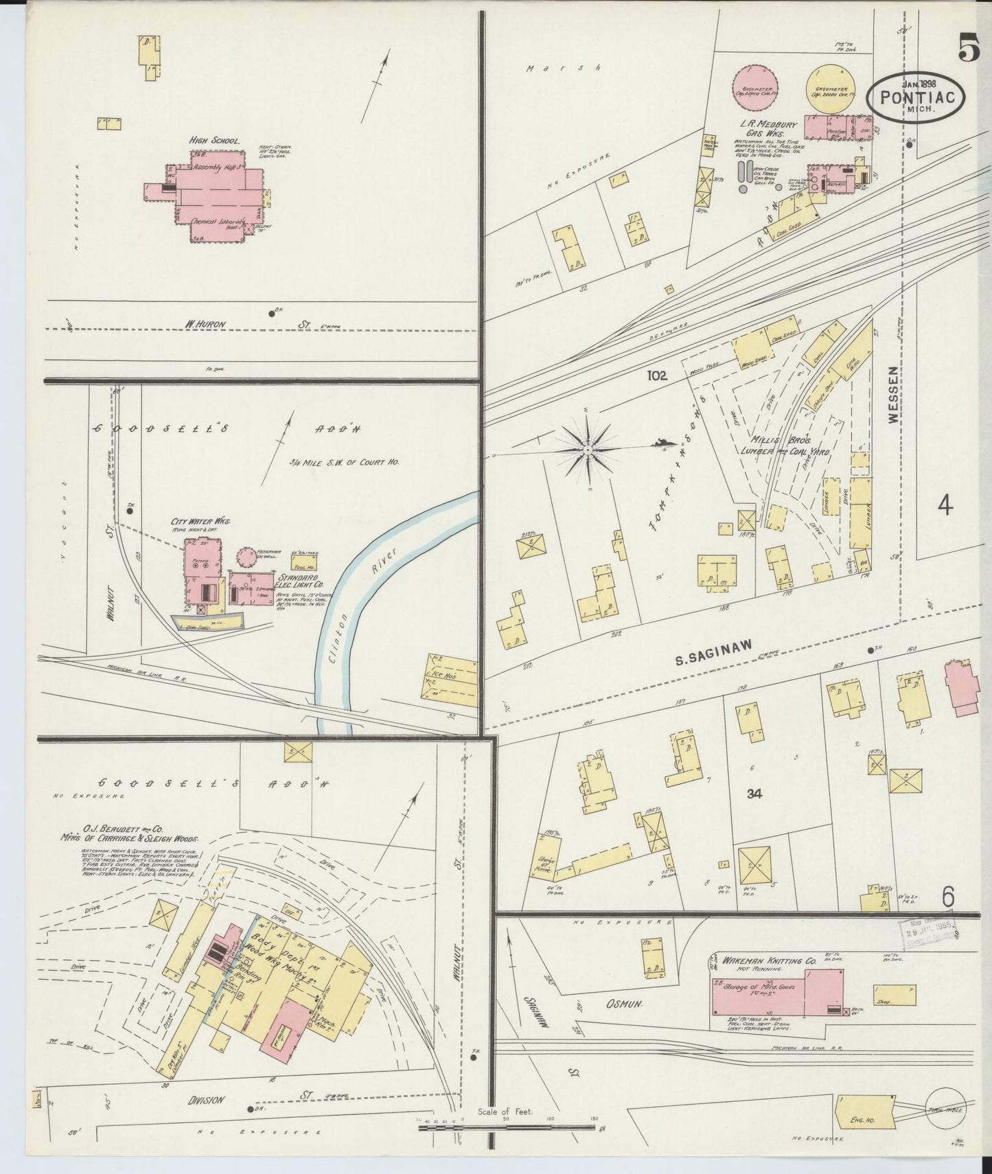 Sanborn Fire Insurance Map from Pontiac, Oakland County, Michigan (1898), Sheet #0005 - Historic Sanborn Fire Insurance Map Print, vintage old map wall art, antique decor, genealogy gift, Michigan Michigan map