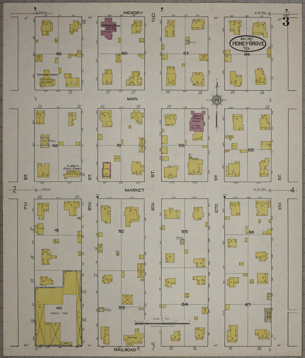 Sanborn Fire Insurance Map from Honey Grove, Fannin County, Texas (1921), Sheet #0003 - Complete Map Set gallery image, historic Sanborn map, vintage wall art, Texas Texas