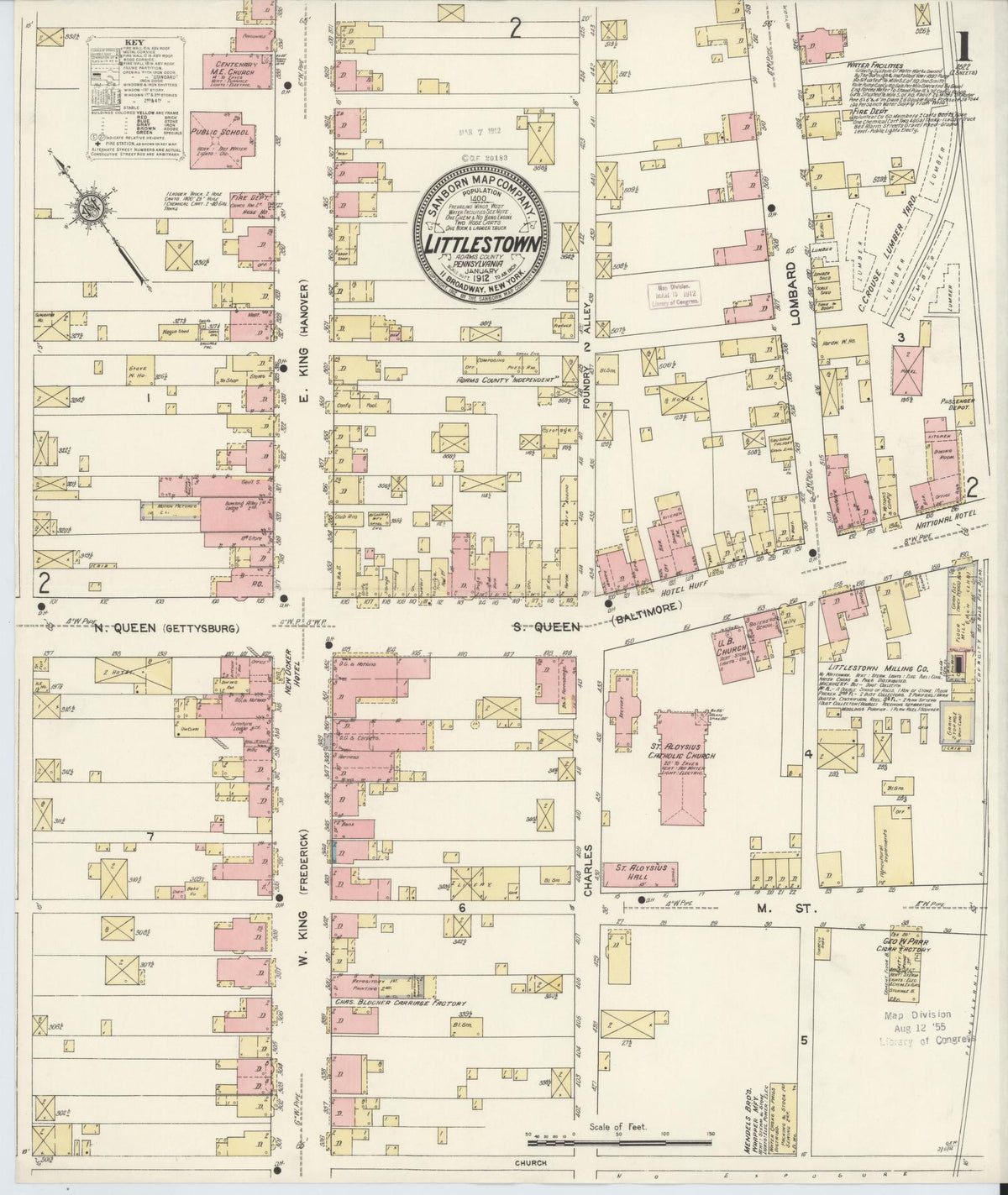 Sanborn Fire Insurance Map from Littlestown, Adams County, Pennsylvania (1912), Sheet #0001 - Historic Sanborn Fire Insurance Map Print, vintage old map wall art, antique decor, genealogy gift, Pennsylvania Pennsylvania map