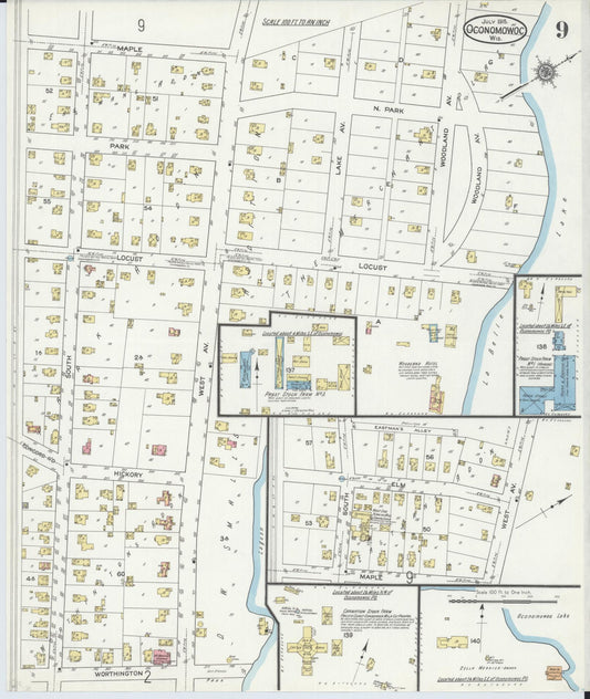 Sanborn Fire Insurance Map from Oconomowoc, Waukesha County, Wisconsin (1915), Sheet #0009 - Historic Sanborn Fire Insurance Map Print, vintage old map wall art, antique decor, genealogy gift, Wisconsin Wisconsin map