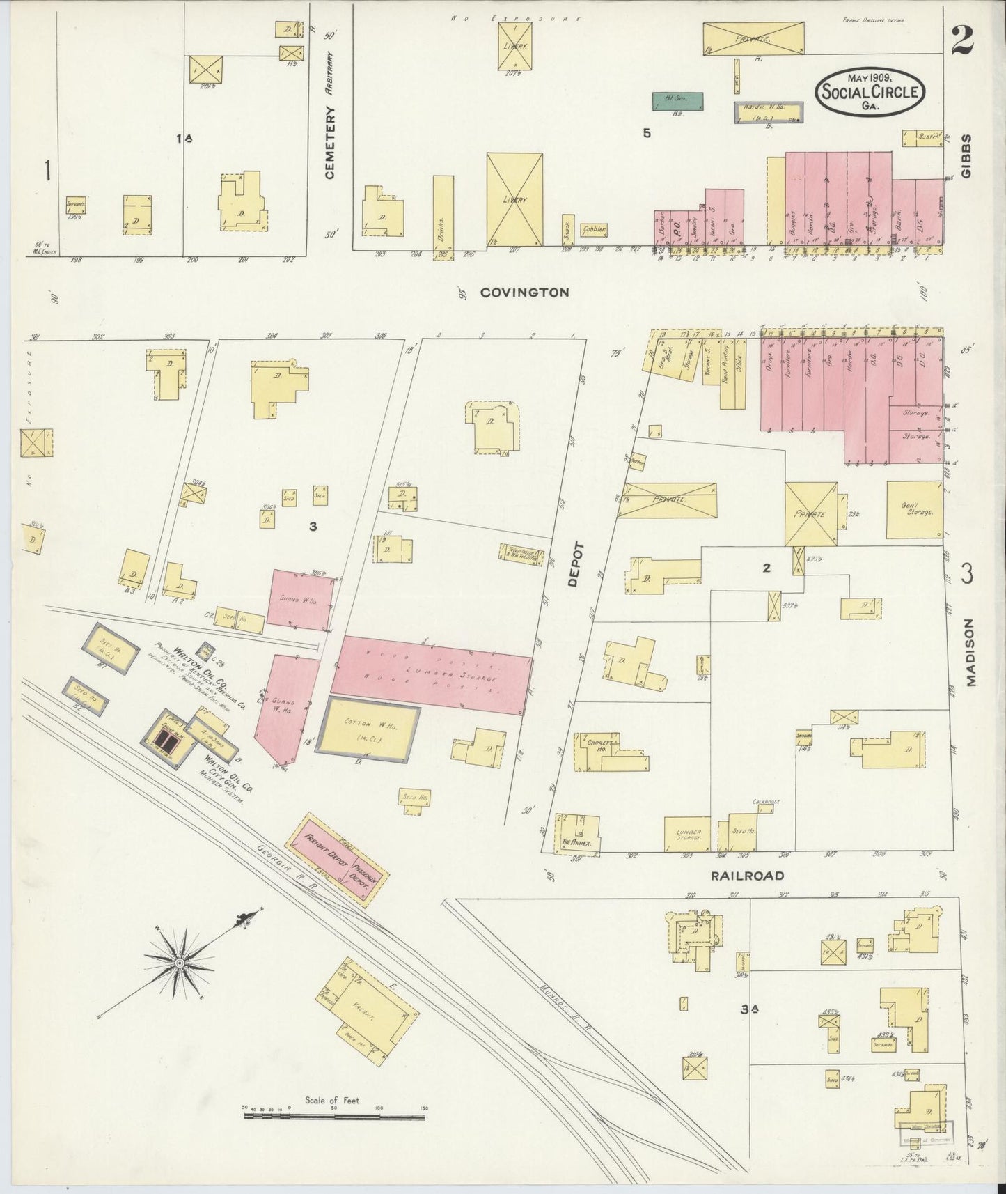 Sanborn Fire Insurance Map from Social Circle, Walton County, Georgia (1909), Sheet #0002 - Complete Map Set gallery image, historic Sanborn map, vintage wall art, Georgia Georgia