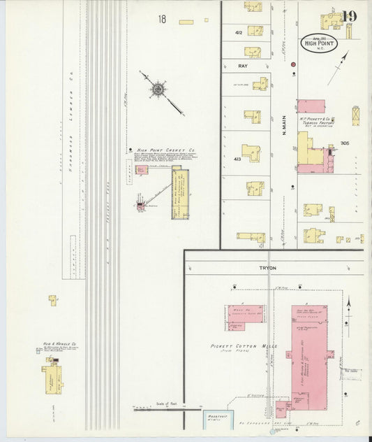 Sanborn Fire Insurance Map from High Point, Guilford County, North Carolina (1911), Sheet #0019 - Historic Sanborn Fire Insurance Map Print, vintage old map wall art, antique decor, genealogy gift, North Carolina North Carolina map