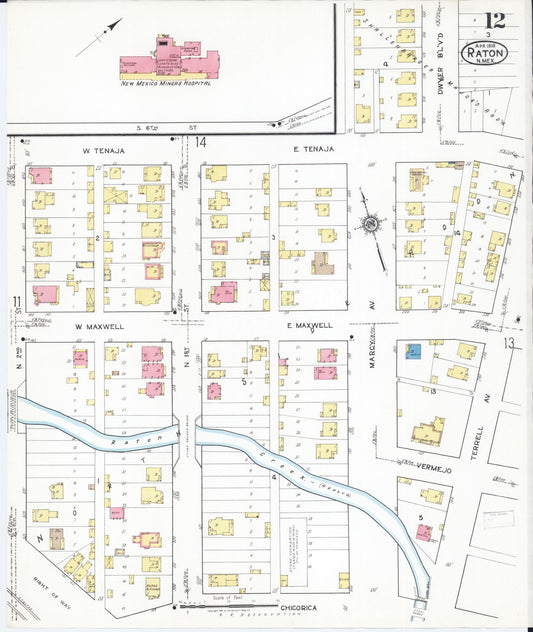 Sanborn Fire Insurance Map from Raton, Colfax County, New Mexico (1919), Sheet #0012 - Historic Sanborn Fire Insurance Map Print, vintage old map wall art, antique decor, genealogy gift, New Mexico New Mexico map
