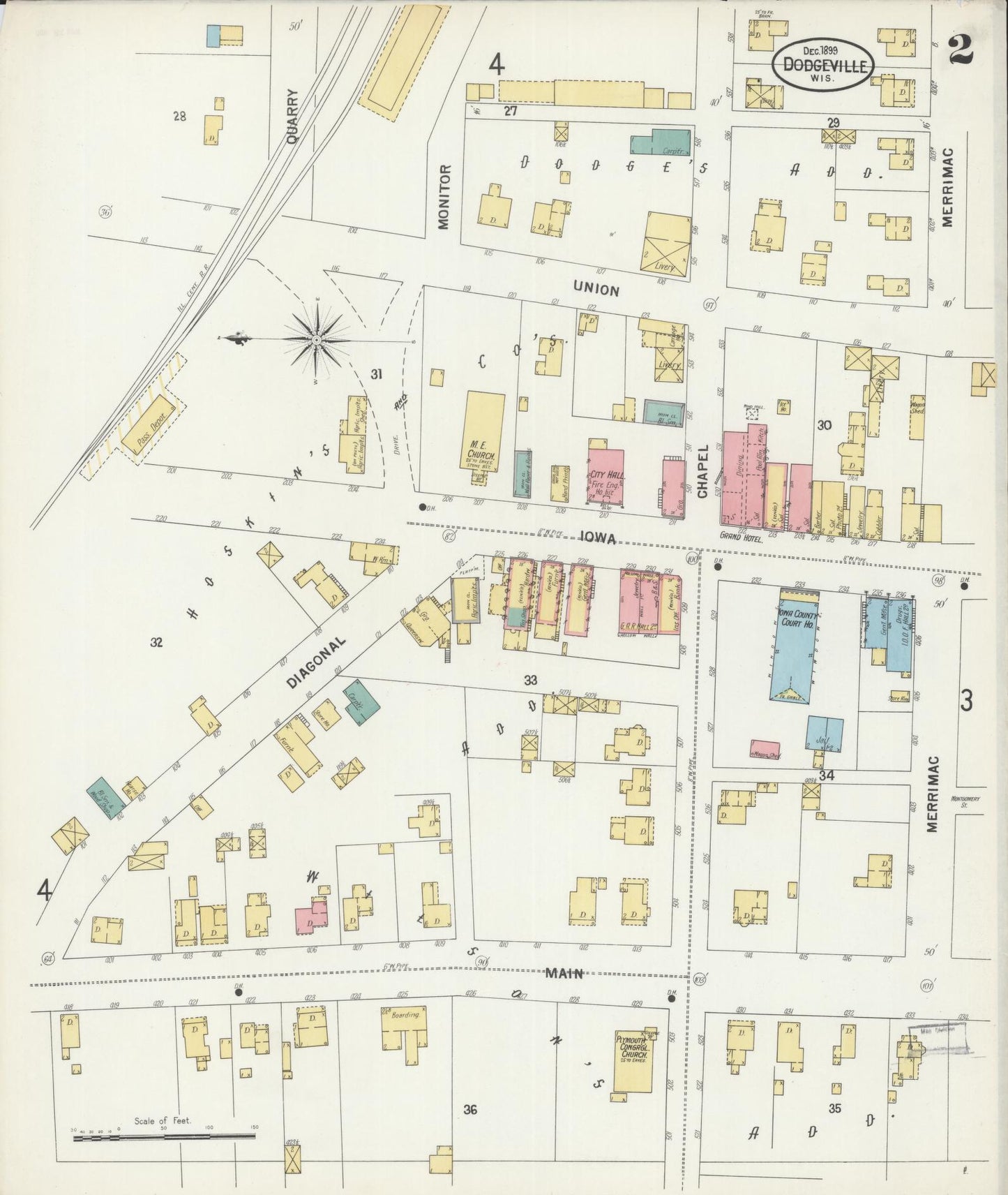Sanborn Fire Insurance Map from Dodgeville, Iowa County, Wisconsin (1899), Sheet #0002 - Complete Map Set gallery image, historic Sanborn map, vintage wall art, Wisconsin Wisconsin