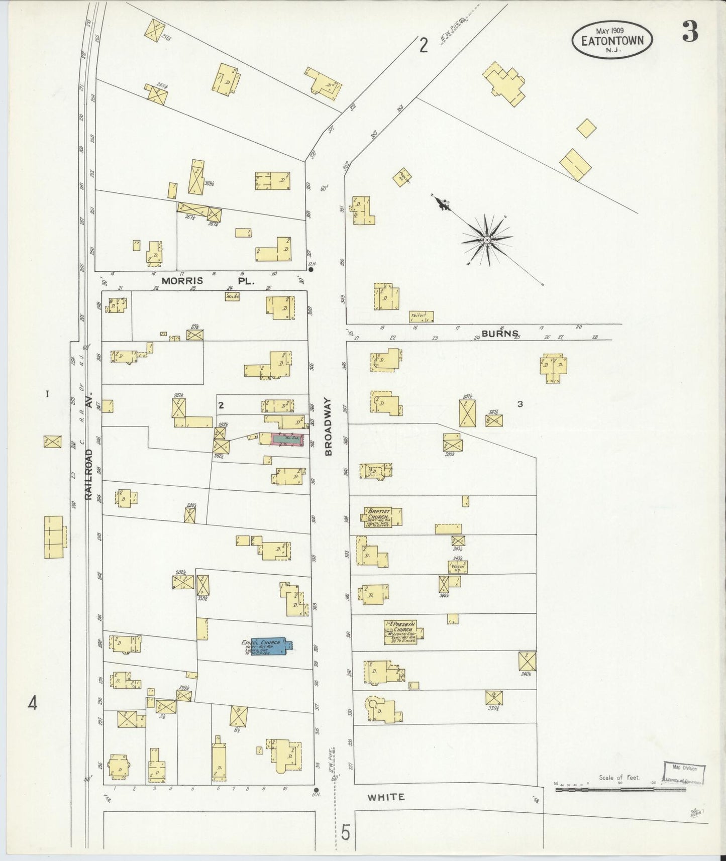 Sanborn Fire Insurance Map from Eatontown, Monmouth County, New Jersey (1909), Sheet #0003 - Historic Sanborn Fire Insurance Map Print, vintage old map wall art, antique decor, genealogy gift, New Jersey New Jersey map