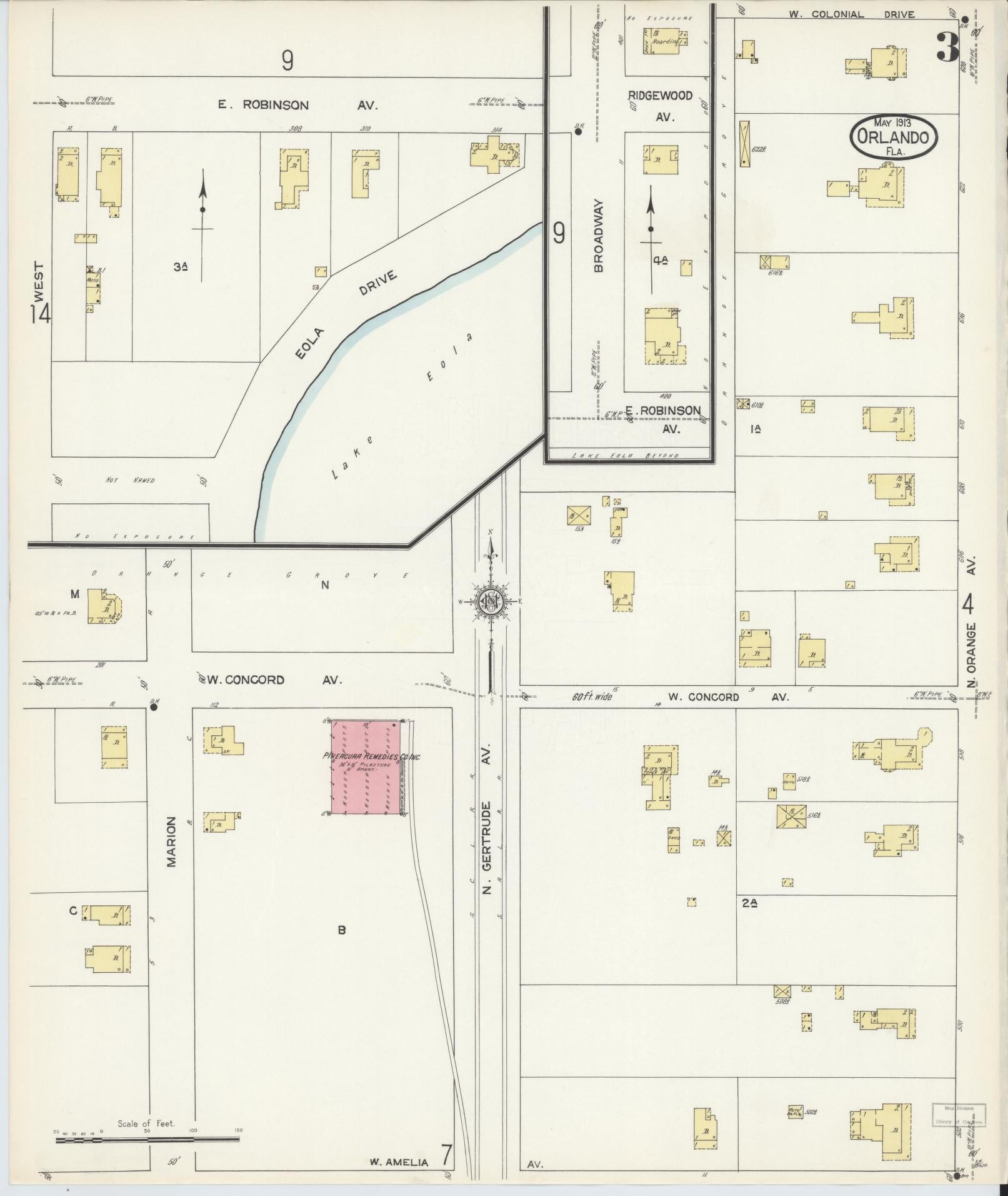 Sanborn Fire Insurance Map from Orlando, Orange County, Florida (1913), Sheet #0003 - Complete Map Set gallery image, historic Sanborn map, vintage wall art, Florida Florida