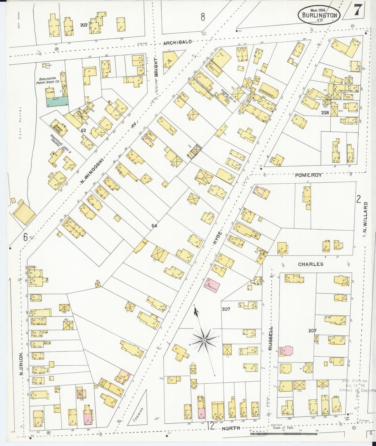 Sanborn Fire Insurance Map from Burlington, Chittenden County, Vermont (1906), Sheet #0007 - Historic Sanborn Fire Insurance Map Print, vintage old map wall art, antique decor, genealogy gift, Vermont Vermont map