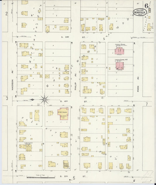 Sanborn Fire Insurance Map from Norfolk, Madison County, Nebraska (1909), Sheet #0006 - Historic Sanborn Fire Insurance Map Print, vintage old map wall art, antique decor, genealogy gift, Nebraska Nebraska map
