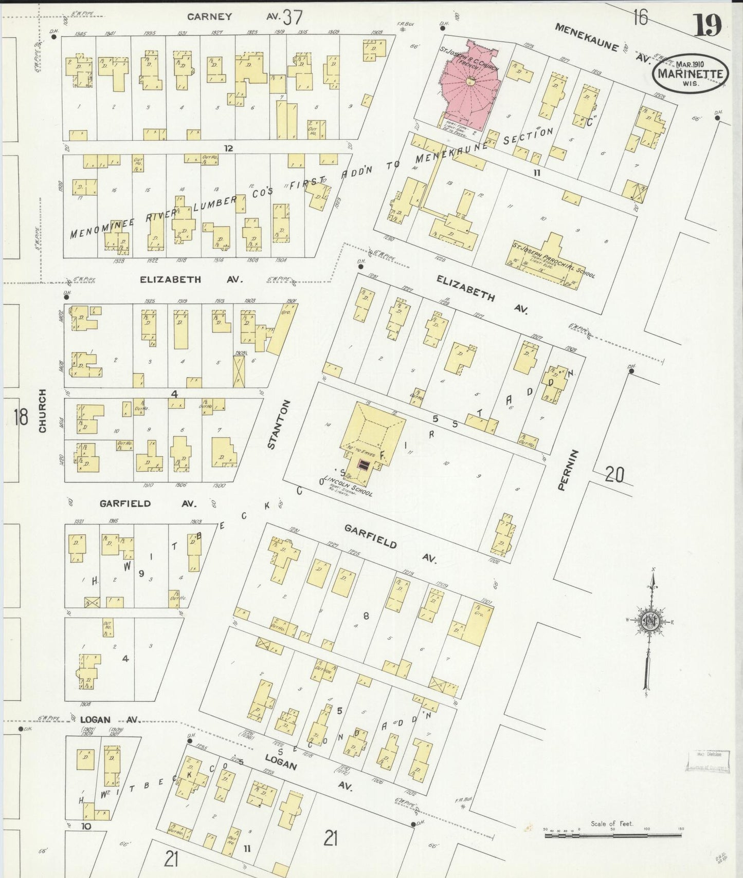 Sanborn Fire Insurance Map from Marinette, Marinette County, Wisconsin (1910), Sheet #0019 - Complete Map Set gallery image, historic Sanborn map, vintage wall art, Wisconsin Wisconsin
