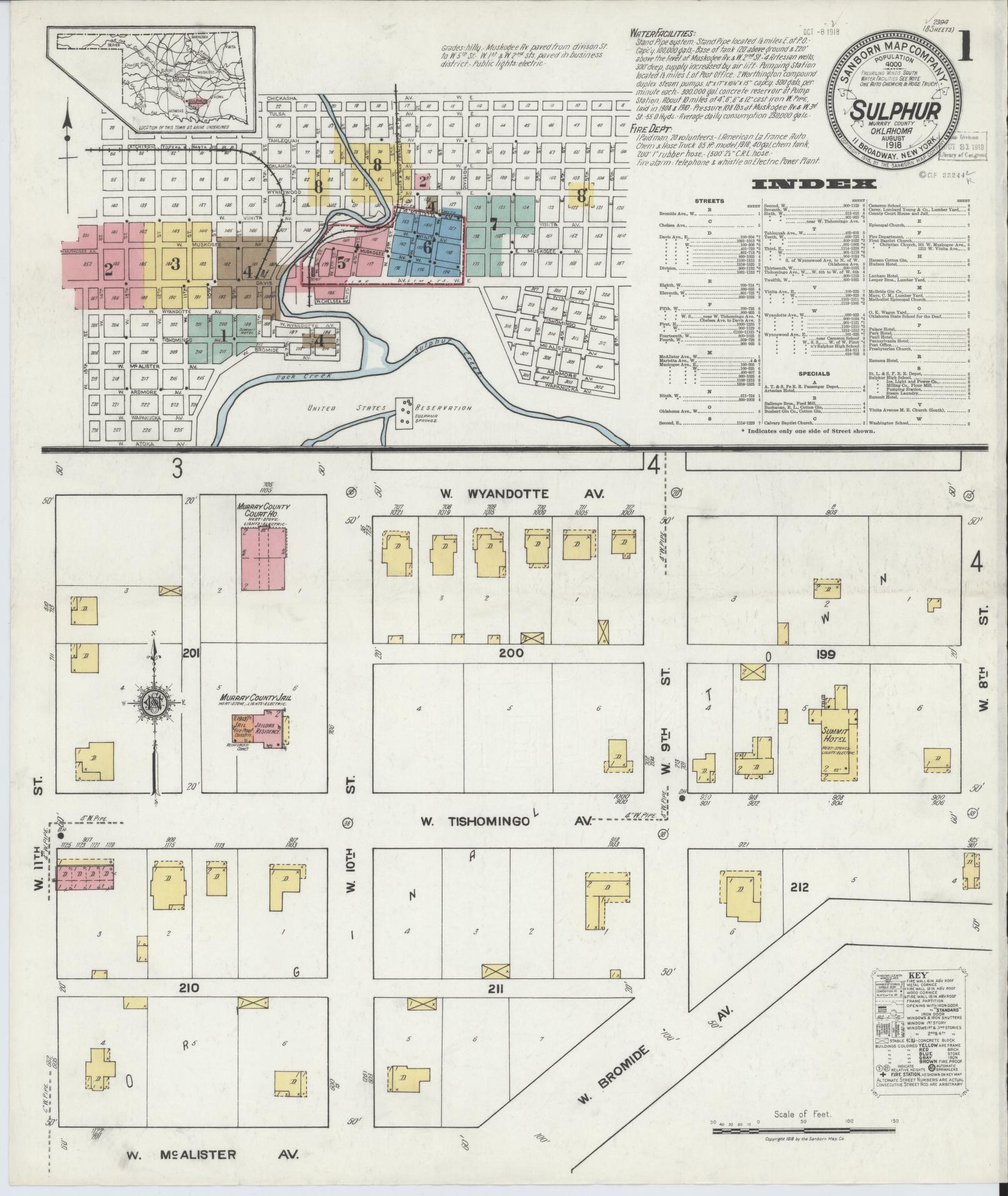 Sanborn Fire Insurance Map from Sulphur, Murray County, Oklahoma (1918), Sheet #0001 - Complete Map Set gallery image, historic Sanborn map, vintage wall art, Oklahoma Oklahoma