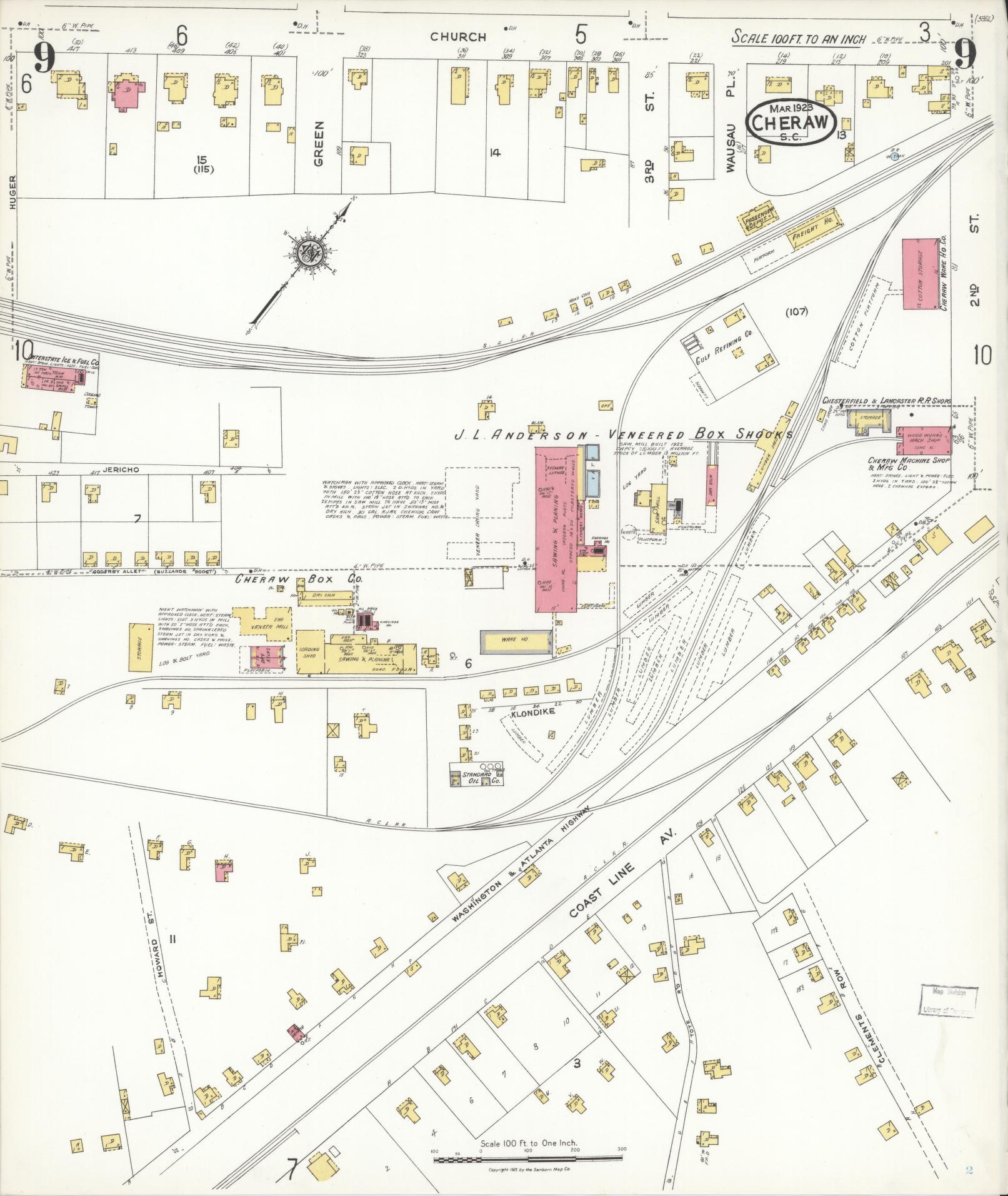 Sanborn Fire Insurance Map from Cheraw, Chesterfield County, South Carolina (1923), Sheet #0009 - Complete Map Set gallery image, historic Sanborn map, vintage wall art, South Carolina South Carolina
