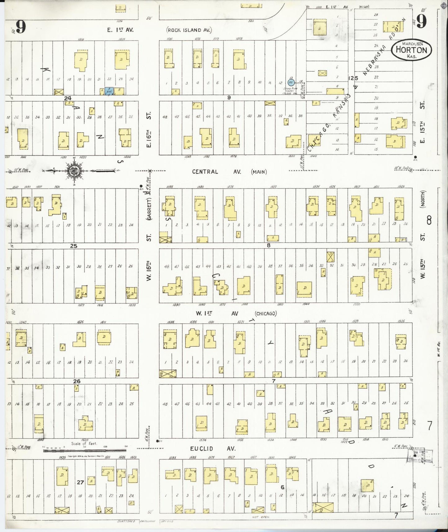 Sanborn Fire Insurance Map from Horton, Brown County, Kansas (1924), Sheet #0009 - Complete Map Set gallery image, historic Sanborn map, vintage wall art, Kansas Kansas
