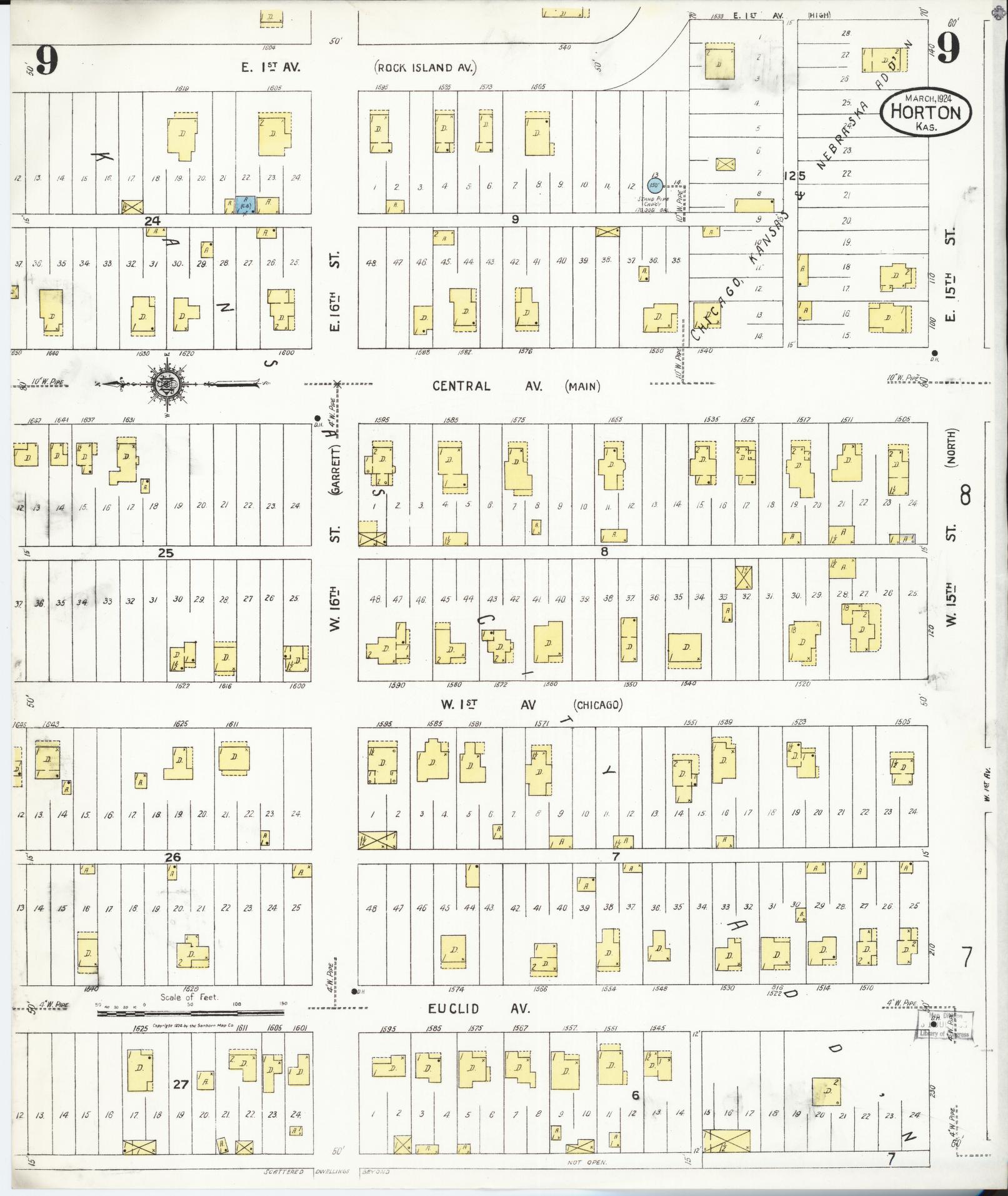 Sanborn Fire Insurance Map from Horton, Brown County, Kansas (1924), Sheet #0009 - Complete Map Set gallery image, historic Sanborn map, vintage wall art, Kansas Kansas