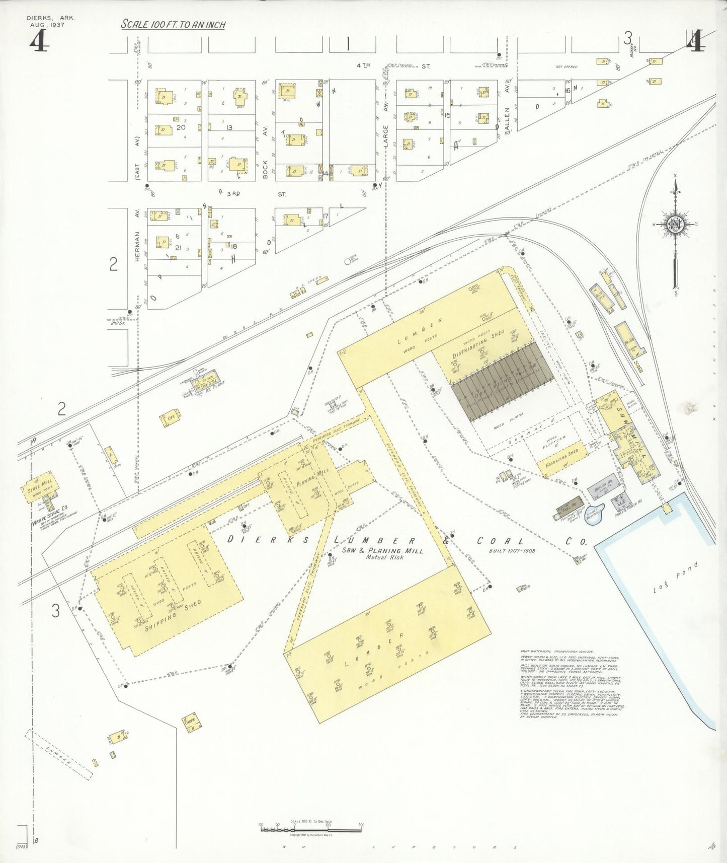 Sanborn Fire Insurance Map from Dierks, Howard County, Arkansas (1937), Sheet #0004 - Historic Sanborn Fire Insurance Map Print, vintage old map wall art, antique decor, genealogy gift, Arkansas Arkansas map