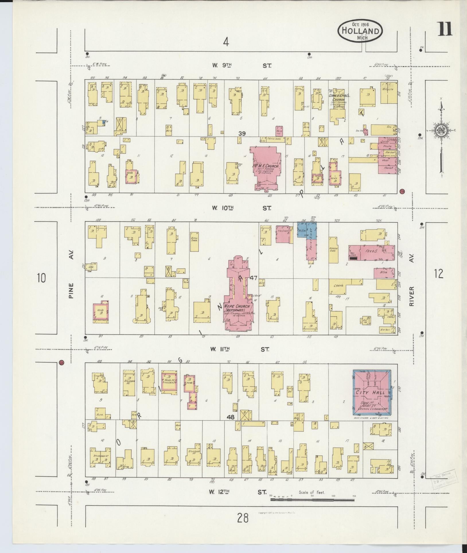 Sanborn Fire Insurance Map from Holland, Ottawa County, Michigan (1916), Sheet #0011 - Historic Sanborn Fire Insurance Map Print, vintage old map wall art, antique decor, genealogy gift, Michigan Michigan map