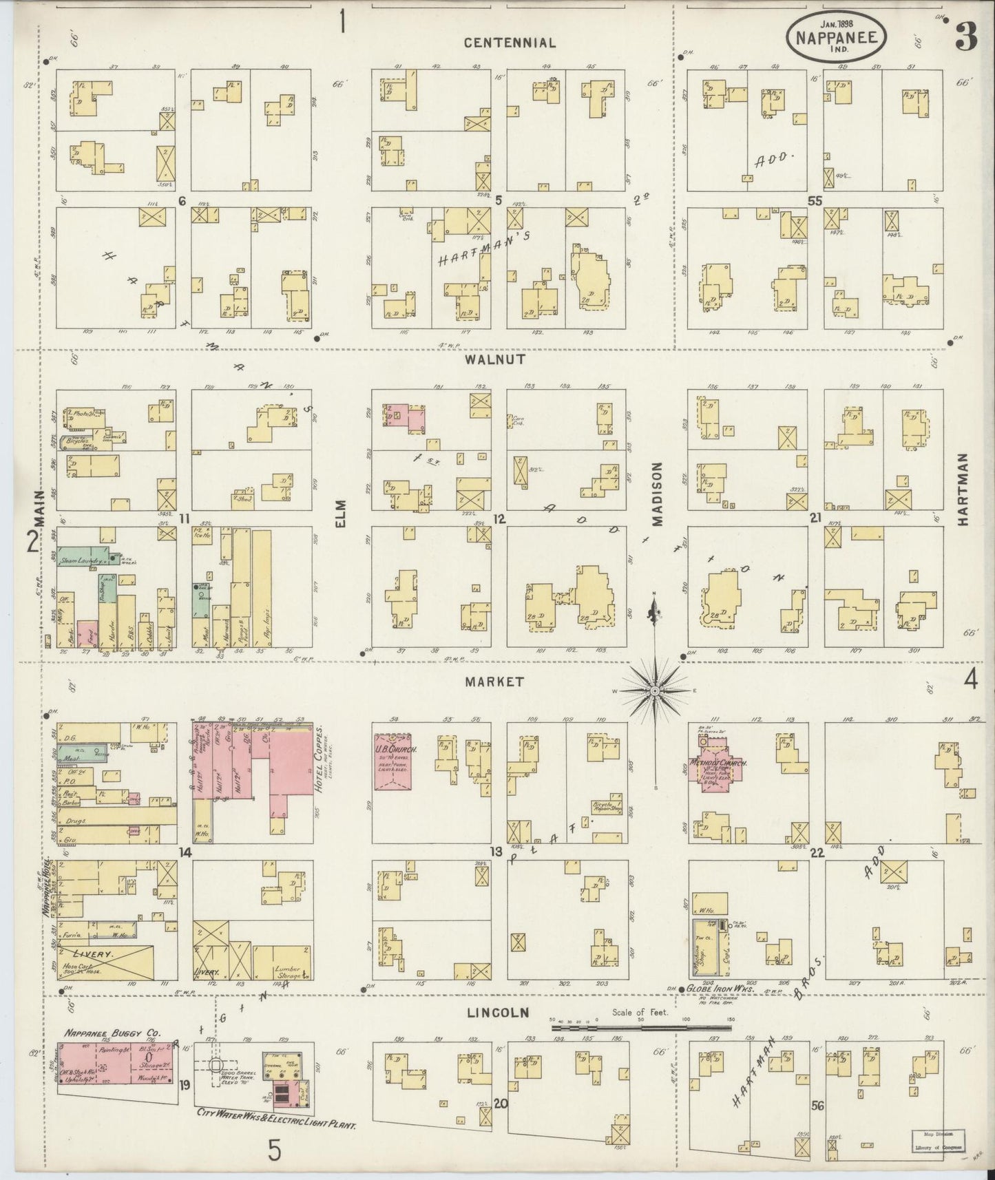 Sanborn Fire Insurance Map from Nappanee, Elkhart County, Indiana (1898), Sheet #0003 - Complete Map Set gallery image, historic Sanborn map, vintage wall art, Indiana Indiana