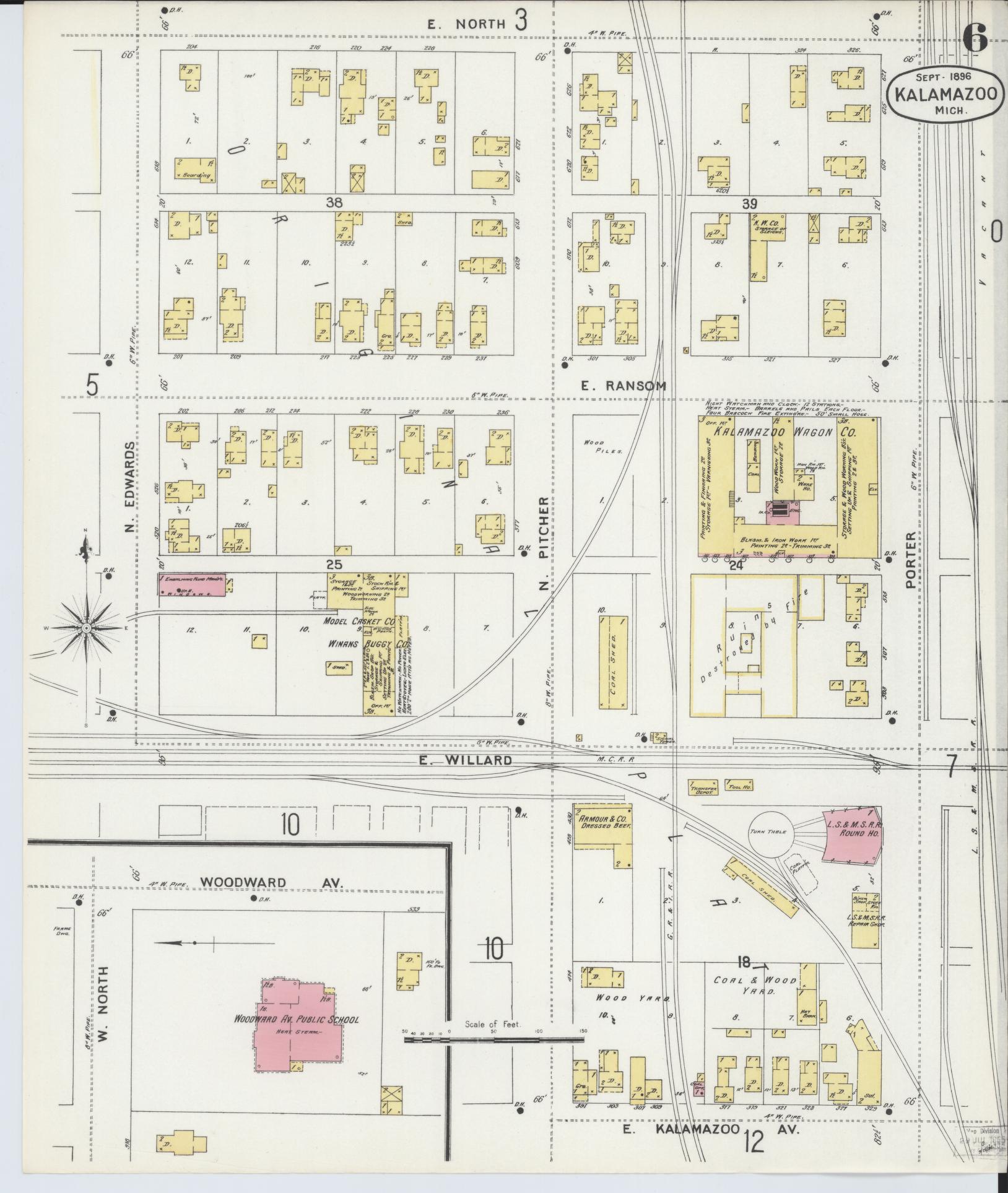 Sanborn Fire Insurance Map from Kalamazoo, Kalamazoo County, Michigan (1896), Sheet #0006 - Complete Map Set gallery image, historic Sanborn map, vintage wall art, Michigan Michigan
