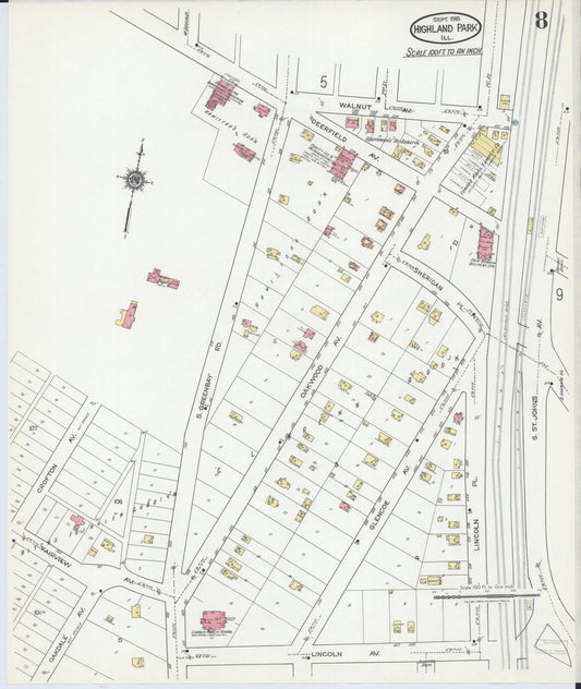 Sanborn Fire Insurance Map from Highland Park, Lake County, Illinois (1918), Sheet #0008 - Historic Sanborn Fire Insurance Map Print, vintage old map wall art, antique decor, genealogy gift, Illinois Illinois map