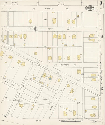 Sanborn Fire Insurance Map from Monrovia, Los Angeles County, California (1913), Sheet #0008 - Complete Map Set gallery image, historic Sanborn map, vintage wall art, California California