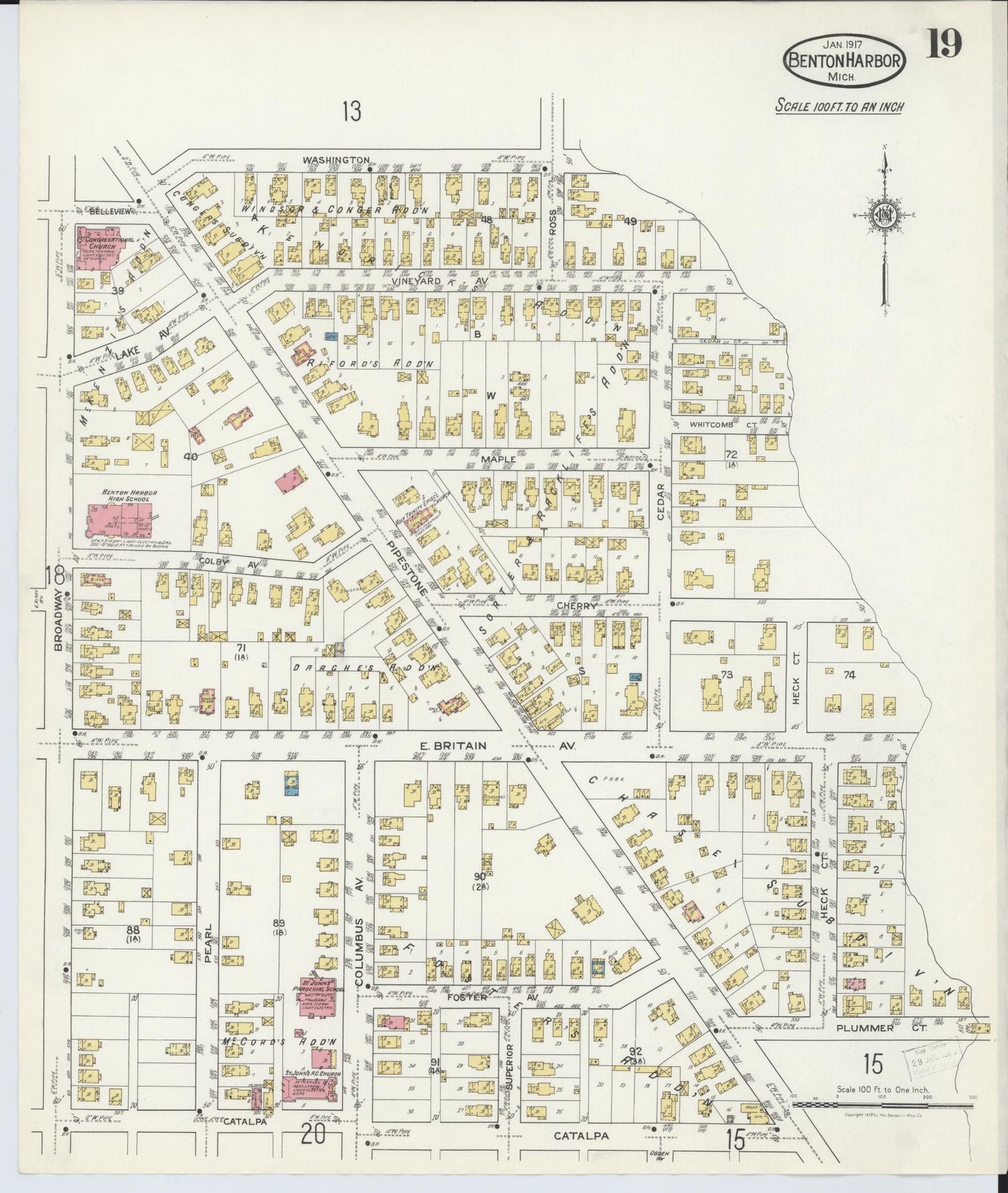 Sanborn Fire Insurance Map from Benton Harbor, Berrien County, Michigan (1917), Sheet #0019 - Complete Map Set gallery image, historic Sanborn map, vintage wall art, Michigan Michigan