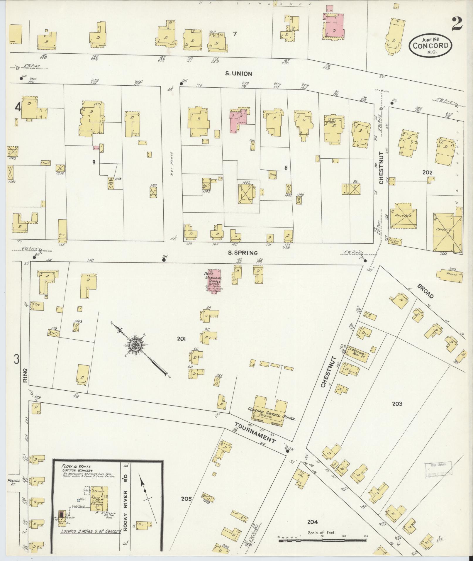 Sanborn Fire Insurance Map from Concord, Cabarrus County, North Carolina (1911), Sheet #0002 - Historic Sanborn Fire Insurance Map Print, vintage old map wall art, antique decor, genealogy gift, North Carolina North Carolina map