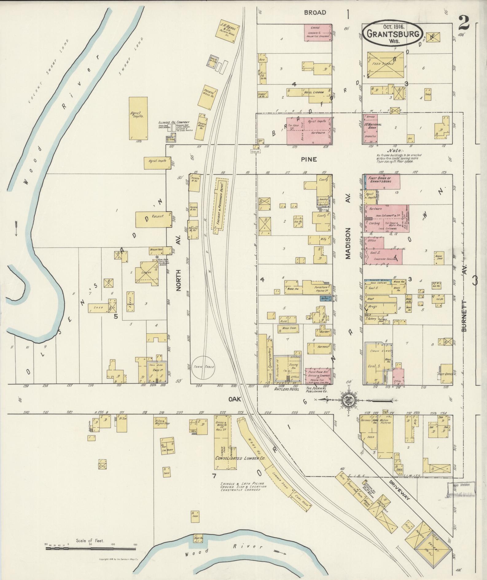 Sanborn Fire Insurance Map from Grantsburg, Burnett County, Wisconsin (1916), Sheet #0002 - Complete Map Set gallery image, historic Sanborn map, vintage wall art, Wisconsin Wisconsin