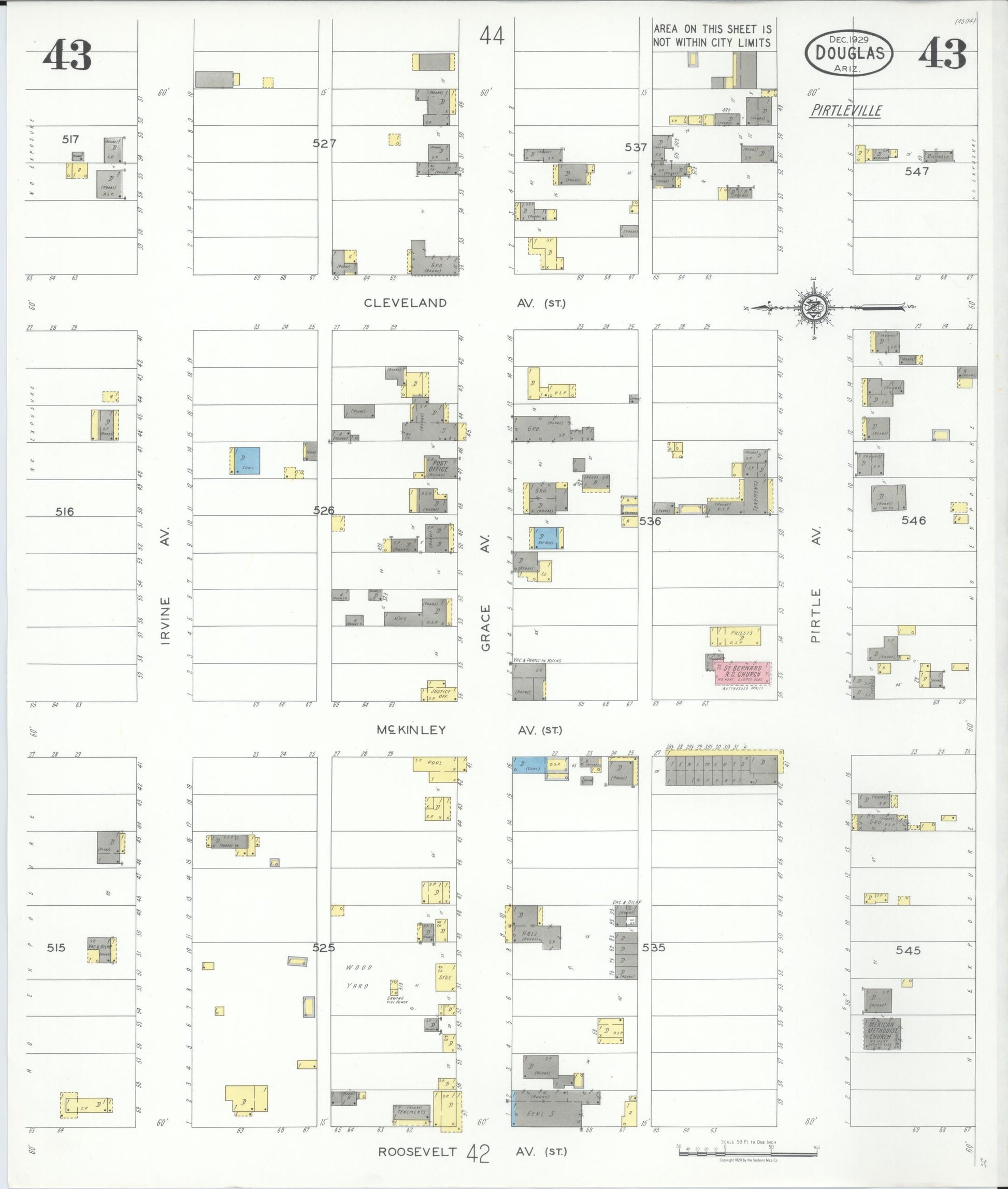 Sanborn Fire Insurance Map from Douglas, Cochise County, Arizona (1929), Sheet #0043 - Complete Map Set gallery image, historic Sanborn map, vintage wall art, Arizona Arizona