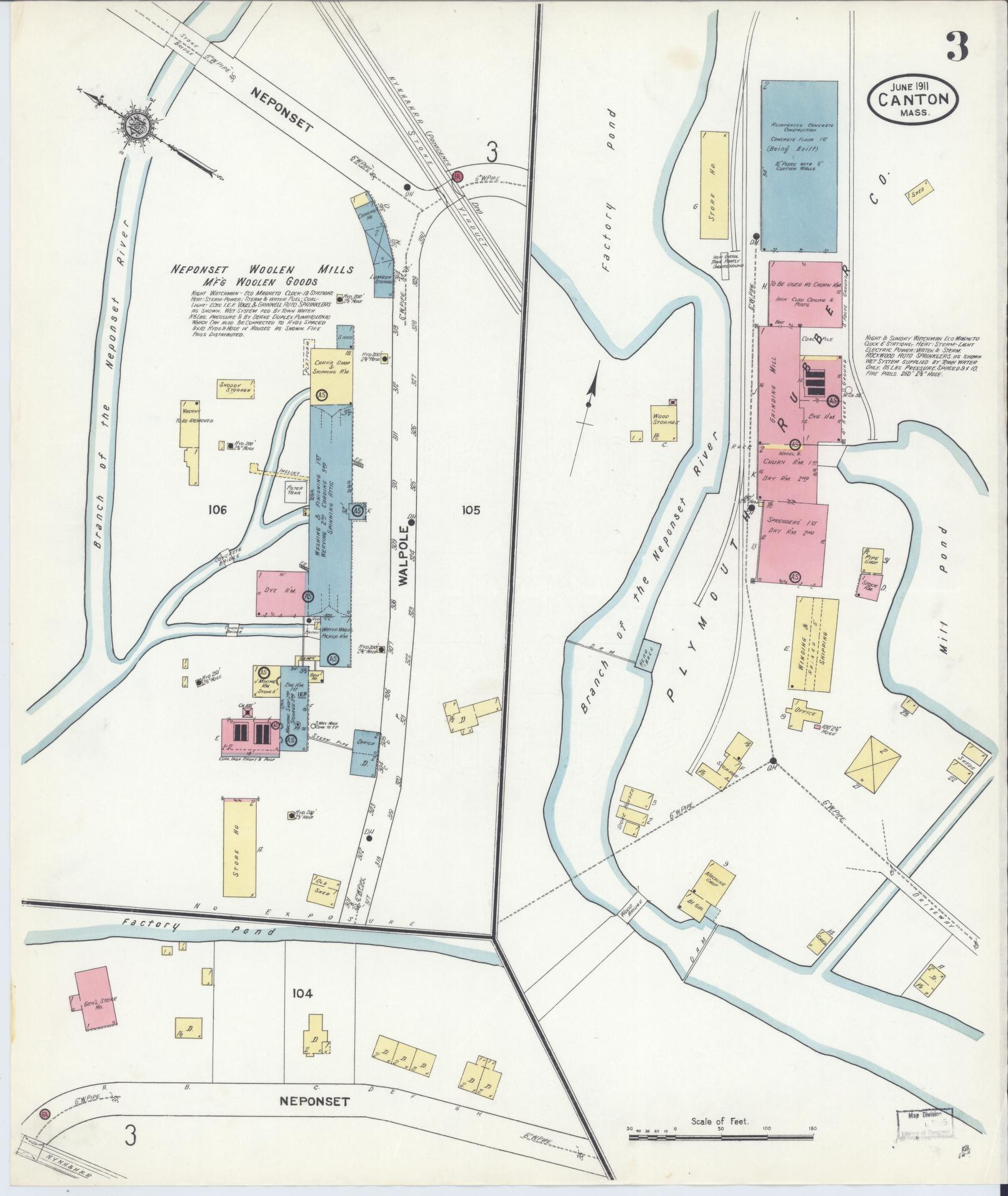 Sanborn Fire Insurance Map from Canton, Norfolk County, Massachusetts (1911), Sheet #0003 - Complete Map Set gallery image, historic Sanborn map, vintage wall art, Massachusetts Massachusetts