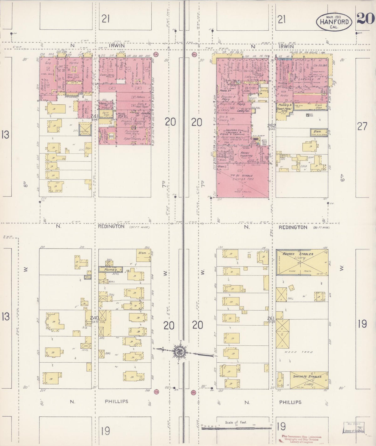 Sanborn Fire Insurance Map from Hanford, Kings County, California (1913), Sheet #0020 - Complete Map Set gallery image, historic Sanborn map, vintage wall art, California California