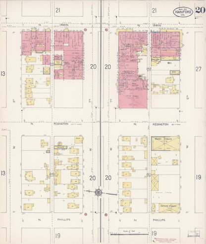Sanborn Fire Insurance Map from Hanford, Kings County, California (1913), Sheet #0020 - Complete Map Set gallery image, historic Sanborn map, vintage wall art, California California